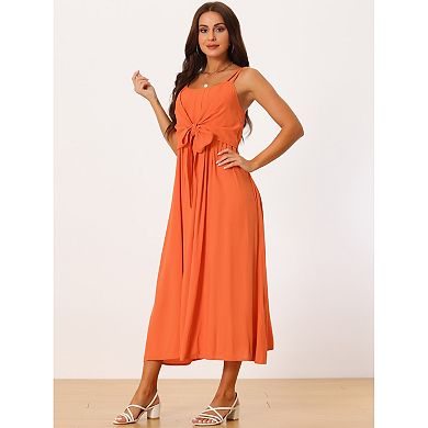 Women's Sleeveless Casual Midi Dress Tie Front Flowy Summer Sundress