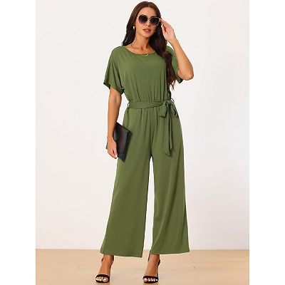 Women's Crewneck Belted High Waist Wide Leg Casual Dressy