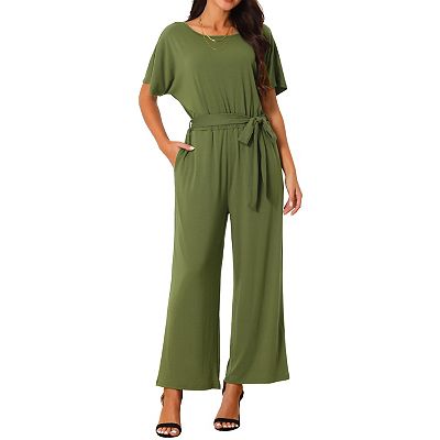 Women s Crewneck Belted High Waist Wide Leg Casual Dressy Jumpsuits With Pockets