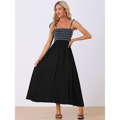 Smocked Dress For Women's Square Neck Boho Spaghetti Strap Long Dress