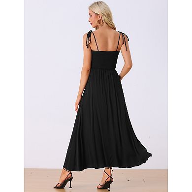 Smocked Dress For Women's Square Neck Boho Spaghetti Strap Long Dress