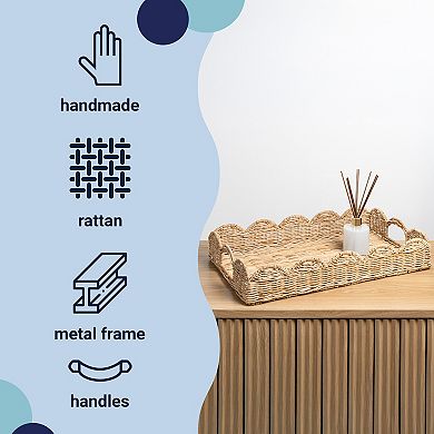 Scalloped 21.5" Southwestern Cottage Hand-Woven Rattan Tray with Handles