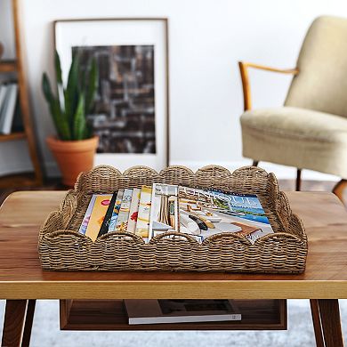 Scalloped Southwestern Cottage Hand-woven Rattan Tray With Handles