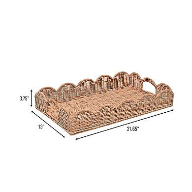 Scalloped 21.5" Southwestern Cottage Hand-Woven Rattan Tray with Handles