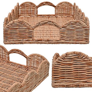 Scalloped 21.5" Southwestern Cottage Hand-Woven Rattan Tray with Handles