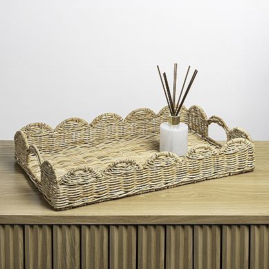 Scalloped 21.5" Southwestern Cottage Hand-Woven Rattan Tray with Handles