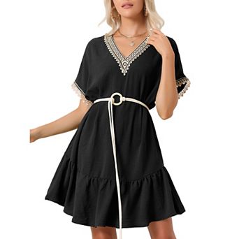 Women's Summer Casual V-neck Splicing Lace Short Sleeve Tied Waist Dress