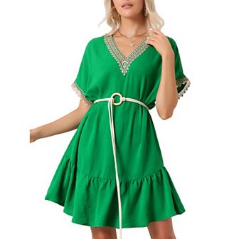 Women's Summer Casual V-neck Splicing Lace Short Sleeve Tied Waist Dress