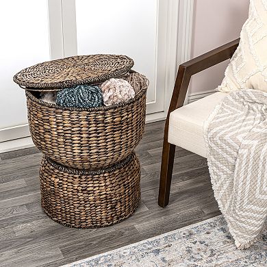Bhola Hourglass Handwoven Hyacinth Storage Accent Table With Lid
