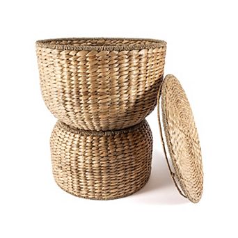Bhola Hourglass Handwoven Hyacinth Storage Accent Table With Lid