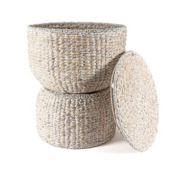 Bhola Hourglass Handwoven Hyacinth Storage Accent Table With Lid