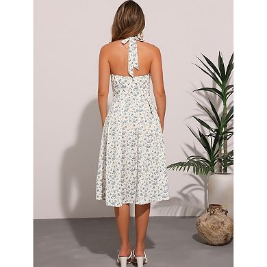 Halter Neck Floral Dress For Women's Summer Sundress Sleeveless Lace Up Midi Dresses