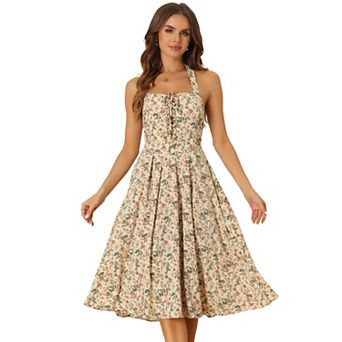 Halter Neck Floral Dress for Women's Summer Sundress Sleeveless Lace Up Midi Dresses
