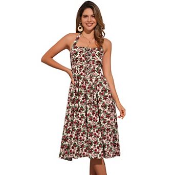Halter Neck Floral Dress for Women's Summer Sundress Sleeveless Lace Up Midi Dresses
