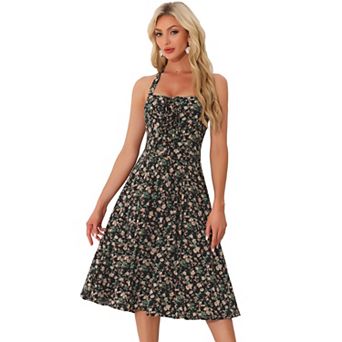 Halter Neck Floral Dress For Women's Summer Sundress Sleeveless Lace Up Midi Dresses