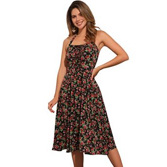 Halter Neck Floral Dress for Women's Summer Sundress Sleeveless Lace Up Midi Dresses
