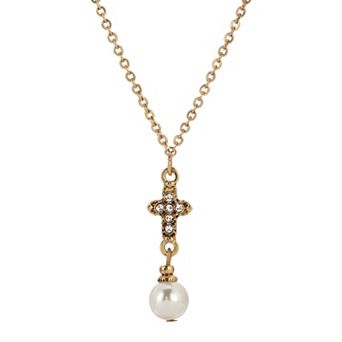 Symbols of Faith Gold Tone Crystal & Simulated Pearl Cross Y-Necklace