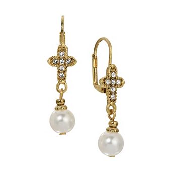 Symbols of Faith Gold Tone Crystal & Simulated Pearl Cross Drop Earrings