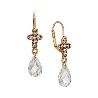 Symbols of Faith Gold Tone Crystal Cross Drop Earrings