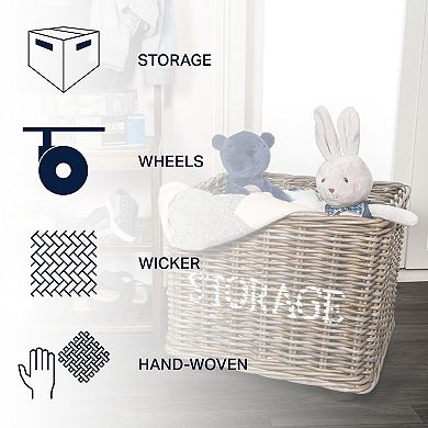 Yael Coastal Hand-woven "storage" Rattan Basket With Wheels And Handles