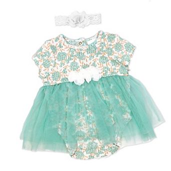 Baby Girls 2 pc Aqua Floral Romper With Tulle Over Skirt And Matching Headband