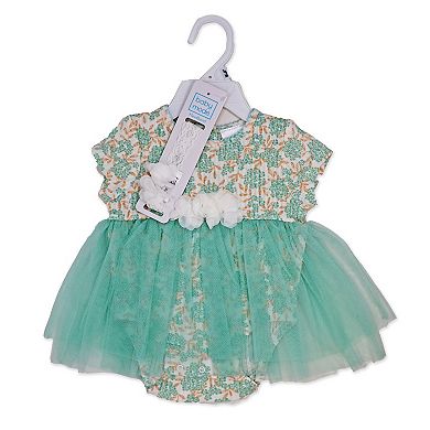 Baby Girls 2 Piece Aqua Floral Romper With Tulle Over Skirt And Matching Headband