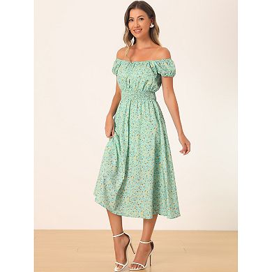 Women's Floral Square Neck Elastic Waist Flare Maxi Dress