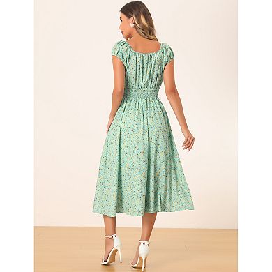 Women's Floral Square Neck Elastic Waist Flare Maxi Dress