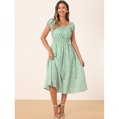 Women's Floral Square Neck Elastic Waist Flare Maxi Dress