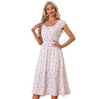 Women's Floral Square Neck Elastic Waist Flare Maxi Dress