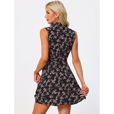 Women's Sleeveless Turndown Collar Above Knee Button Down Floral Print Dress