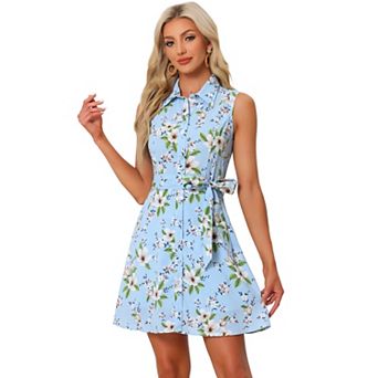Women's Sleeveless Turndown Collar Above Knee Button Down Floral Print Dress