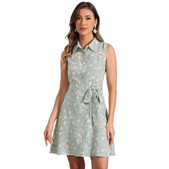 Women's Sleeveless Turndown Collar Above Knee Button Down Floral Print Dress