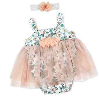 Baby Girls 2 pc Peach Floral Romper With Tulle Over Skirt And Matching Headband