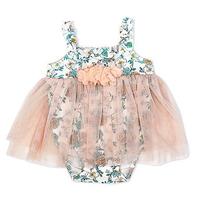 Baby Girls 2 Piece Peach Floral Romper With Tulle Over Skirt And Matching Headband