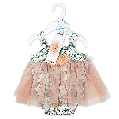 Baby Girls 2 Piece Peach Floral Romper With Tulle Over Skirt And Matching Headband
