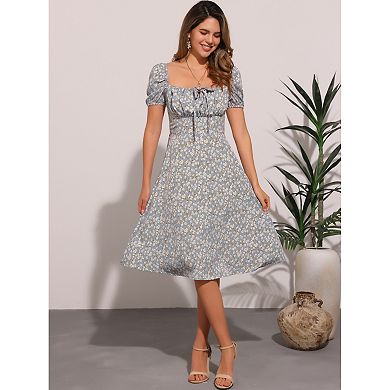 Peasant Floral Dresses for Women's Smocked Back Square Neck Midi Dress