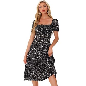 Peasant Floral Dresses For Women's Smocked Back Square Neck Midi Dress