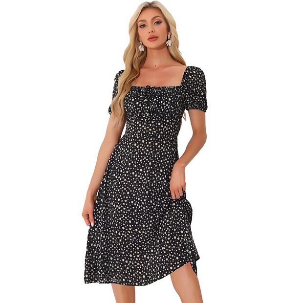 Square Neck Smocked Shirred Puff Sleeves Floral Midi Dress, Black / S