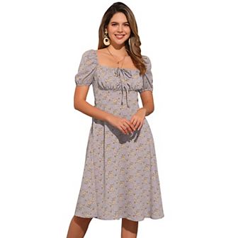 Peasant Floral Dresses For Women's Smocked Back Square Neck Midi Dress