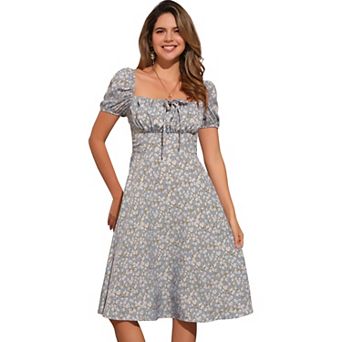 Peasant Floral Dresses For Women's Smocked Back Square Neck Midi Dress
