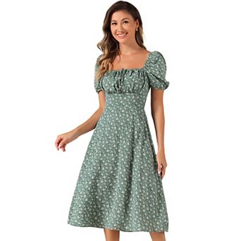 Peasant Floral Dresses For Women's Smocked Back Square Neck Midi Dress