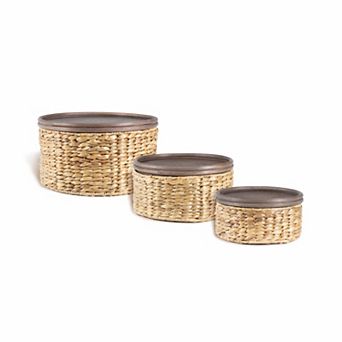 Gouda Southwestern Hand-woven Hyacinth Circular Nesting Baskets With Wood Lids