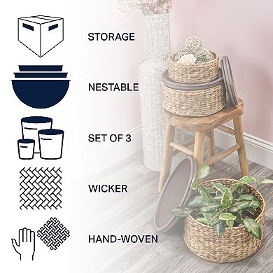 Gouda Southwestern Hand-woven Hyacinth Circular Nesting Baskets With Wood Lids