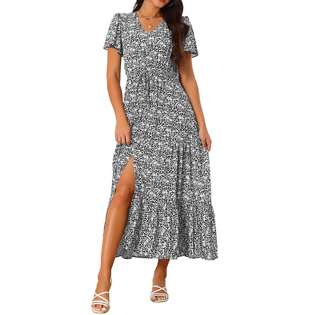 Women's Summer Dresses Casual V Neck Split Hem Short Sleeve Sundress Floral  Maxi Dress