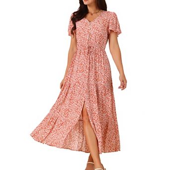 Women's Summer Dresses Casual V Neck Split Hem Short Sleeve Sundress Floral Maxi Dress