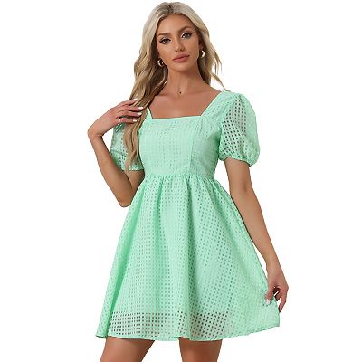 Allegra K Short Puff Sleeve Square Neck Flowy Swing A Line Party Mini Dress Green XL