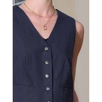 Women's Linen Vest Sleeveless Button Down V Neck Formal Business Waistcoat