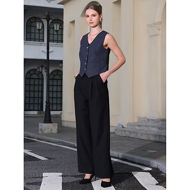 Women's Linen Vest Sleeveless Button Down V Neck Formal Business Waistcoat