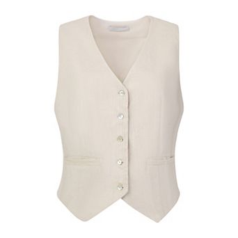 Women's Linen Vest Sleeveless Button Down V Neck Formal Business Waistcoat